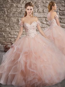 Glorious Pink Sweetheart Lace Up Lace and Ruffles Quinceanera Gowns Brush Train Sleeveless