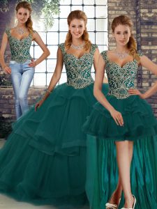 Straps Sleeveless Tulle Sweet 16 Quinceanera Dress Beading and Ruffles Lace Up