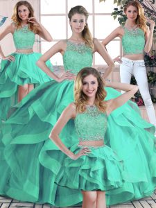 Luxurious Turquoise Tulle Zipper Quinceanera Gowns Sleeveless Floor Length Beading and Ruffles