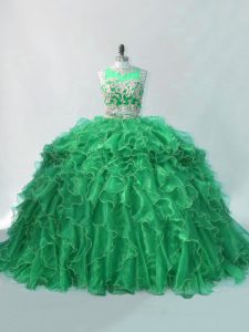 Scoop Sleeveless Brush Train 15th Birthday Dress Green Organza