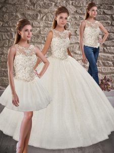 White Sleeveless Sequined Lace Up Quinceanera Dress for Military Ball and Sweet 16 and Quinceanera