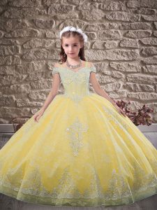 Sweet Off The Shoulder Sleeveless Lace Little Girl Pageant Gowns Beading and Appliques Sweep Train Lace Up