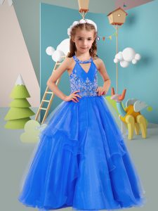 Latest Blue Pageant Gowns For Girls Wedding Party with Beading and Embroidery Halter Top Sleeveless Zipper