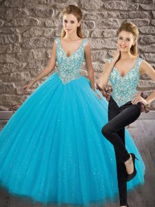 V-neck Sleeveless Zipper Quinceanera Gown Baby Blue Tulle