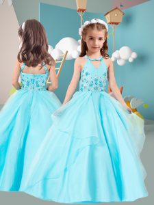 Aqua Blue and Light Blue Ball Gowns Beading and Embroidery Girls Pageant Dresses Zipper Organza Sleeveless Floor Length