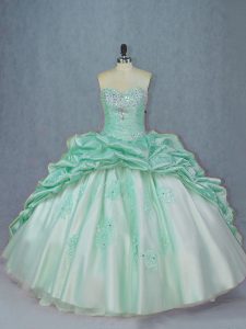Sleeveless Beading and Pick Ups Lace Up Quinceanera Gown with Apple Green Brush Train