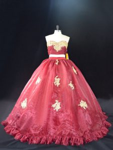 Wonderful Appliques 15 Quinceanera Dress Red and Burgundy Zipper Sleeveless