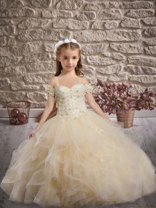 Cute Champagne Ball Gowns Tulle Straps Sleeveless Appliques and Ruffles Lace Up Kids Pageant Dress Sweep Train