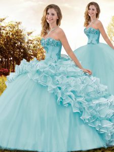 Classical Brush Train Ball Gowns 15th Birthday Dress Aqua Blue Sweetheart Organza and Tulle Sleeveless Lace Up