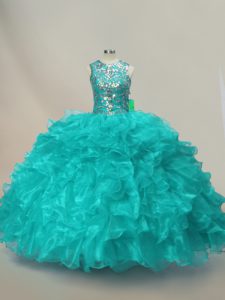 Exceptional Aqua Blue Scoop Lace Up Beading and Ruffles 15th Birthday Dress Sleeveless