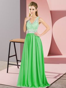 Empire V-neck Sleeveless Chiffon Floor Length Backless Beading and Lace and Appliques Prom Homecoming Dress