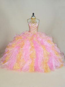 Great Multi-color Ball Gowns Beading and Ruffles Ball Gown Prom Dress Lace Up Organza Sleeveless Floor Length