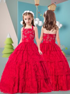 Customized Red Lace Zipper Halter Top Sleeveless Floor Length Little Girl Pageant Gowns Beading and Ruffled Layers