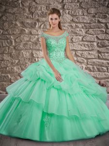 Stylish Cap Sleeves Organza Brush Train Lace Up Quinceanera Gowns in Apple Green with Beading and Pick Ups