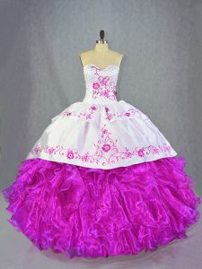 Great Fuchsia Ball Gown Prom Dress Sweet 16 and Quinceanera with Beading and Embroidery and Ruffles Sweetheart Sleeveles