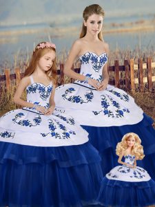 Sweet Royal Blue Sleeveless Floor Length Embroidery and Bowknot Lace Up Quinceanera Gowns