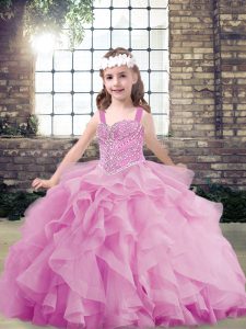 Glorious Sleeveless Floor Length Beading and Ruffles Lace Up Little Girl Pageant Dress with Lilac