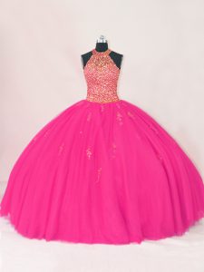 Simple Hot Pink Ball Gowns Halter Top Sleeveless Tulle Floor Length Lace Up Beading and Appliques 15 Quinceanera Dress