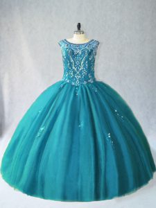 Teal Lace Up Scoop Beading Quinceanera Gowns Tulle Sleeveless