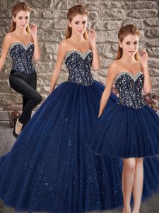 Clearance Navy Blue Sleeveless Tulle Brush Train Lace Up Quinceanera Gown for Military Ball and Sweet 16 and Quinceanera