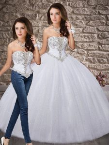 Smart White Strapless Neckline Beading Quinceanera Gown Sleeveless Lace Up