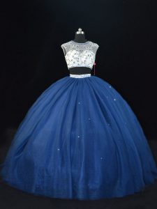 Fitting Navy Blue Tulle Lace Up Scoop Sleeveless Floor Length 15 Quinceanera Dress Beading