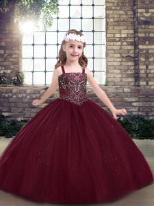 Elegant Burgundy Sleeveless Beading Floor Length Little Girl Pageant Gowns