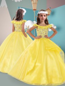 Popular Yellow Zipper Little Girl Pageant Dress Beading Sleeveless Floor Length