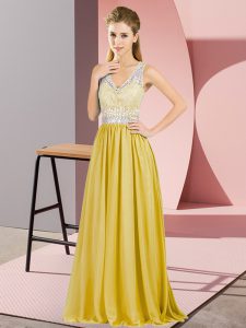New Style Gold Criss Cross V-neck Beading and Lace Prom Party Dress Chiffon Sleeveless