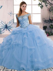 Simple Beading and Ruffles Quinceanera Dresses Blue Lace Up Sleeveless Floor Length