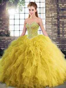 Fantastic Gold Ball Gowns Beading and Ruffles Quince Ball Gowns Lace Up Tulle Sleeveless Floor Length