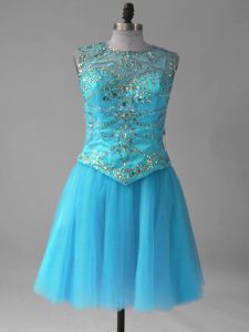 Custom Design Aqua Blue A-line Beading and Sequins Prom Dress Lace Up Tulle Sleeveless Mini Length