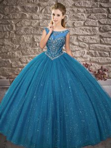 Blue Ball Gowns Tulle Off The Shoulder Sleeveless Beading Floor Length Zipper Quinceanera Gown