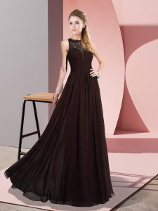 Perfect Sleeveless Floor Length Lace Zipper Homecoming Dress with Brown