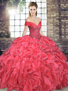High End Sleeveless Floor Length Beading and Ruffles Lace Up Sweet 16 Quinceanera Dress with Coral Red