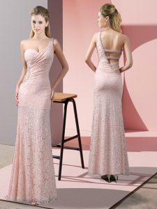 Flirting Baby Pink Lace Criss Cross One Shoulder Sleeveless Floor Length Prom Gown Beading and Lace