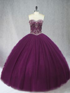 Deluxe Dark Purple Ball Gowns Tulle Sweetheart Sleeveless Beading Floor Length Lace Up Quinceanera Dress