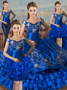Comfortable Royal Blue Lace Up Off The Shoulder Embroidery and Ruffled Layers Quinceanera Dresses Satin and Organza Slee