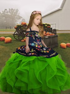 Excellent Green Ball Gowns Straps Sleeveless Organza Floor Length Lace Up Embroidery and Ruffles Pageant Gowns For Girls