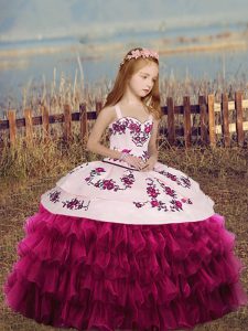 Trendy Fuchsia Sleeveless Embroidery and Ruffles Floor Length Little Girls Pageant Gowns