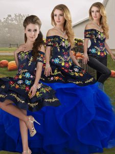 Fine Off The Shoulder Sleeveless Quince Ball Gowns Floor Length Embroidery and Ruffles Royal Blue Tulle