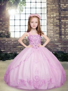 Lilac Ball Gowns Beading Pageant Dress for Girls Lace Up Tulle Sleeveless Floor Length