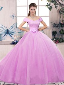 Lilac Short Sleeves Lace and Hand Made Flower Floor Length Sweet 16 Quinceanera Dress