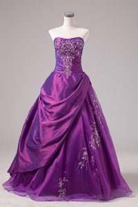 Latest Strapless Sleeveless Vestidos de Quinceanera Floor Length Embroidery Purple Organza