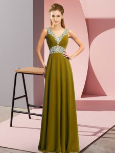 Olive Green Dress for Prom Prom and Party with Beading V-neck Sleeveless Lace Up