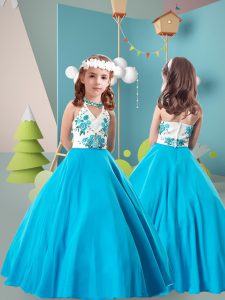 Aqua Blue Sleeveless Embroidery Floor Length Little Girl Pageant Gowns