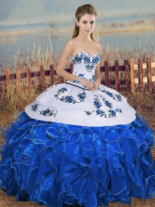Organza Sweetheart Sleeveless Lace Up Embroidery and Ruffles and Bowknot Ball Gown Prom Dress in Blue And White