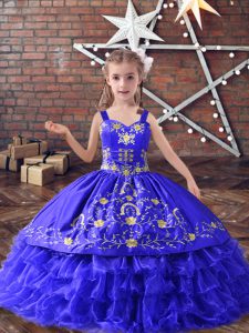 Floor Length Lace Up Pageant Dress for Teens Blue for Wedding Party with Embroidery and Ruffled Layers