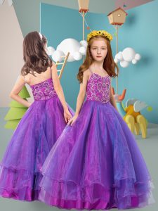 Glorious Purple Ball Gowns Spaghetti Straps Sleeveless Tulle Floor Length Zipper Beading and Ruffled Layers Pageant Gown