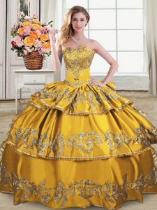 Vintage Sleeveless Floor Length Embroidery and Ruffled Layers Lace Up Sweet 16 Quinceanera Dress with Gold